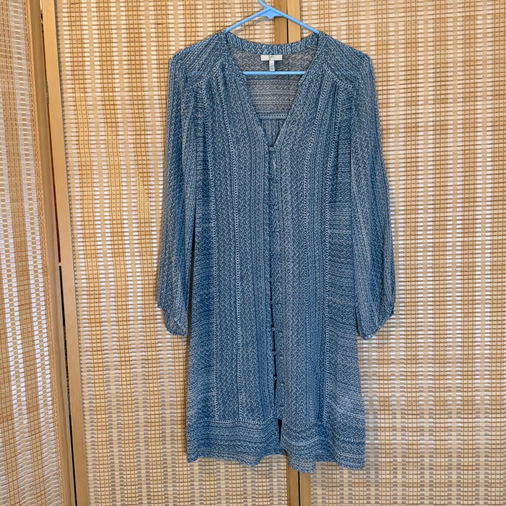 Joie Silk Mini Dress Blue White Patterned Button Front V-Neck XS Bohemian